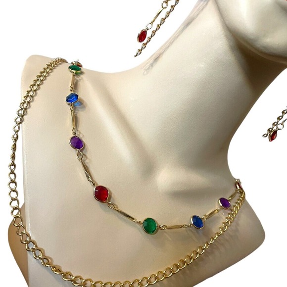 Retro Gold Rainbow Colorful Disc Double Strand Chain Necklace Dangle Earring Set - Picture 4 of 6